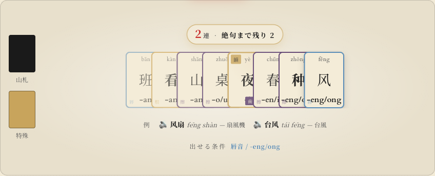 ゼロ声母字「夜」が場に出ている様子